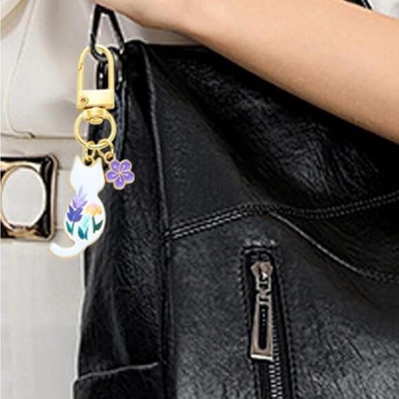 Cat Key Chain Purse Charm Women’s Gold Floral Animal Print - Picture 3 of 4